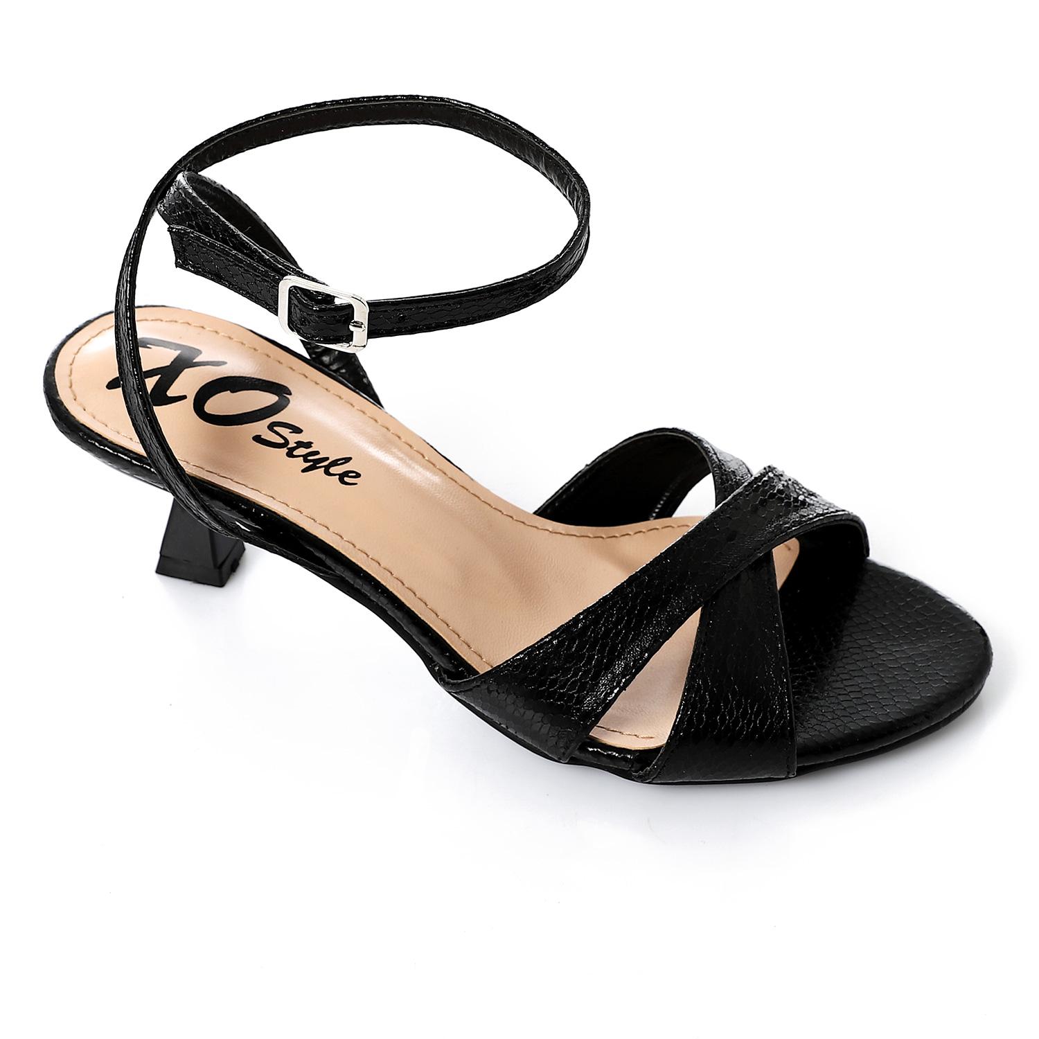 Faux Leather Textured Block Heel Sandals - Black