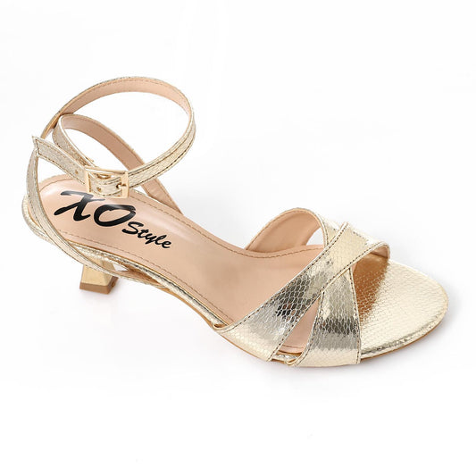 Faux Leather Textured Block Heel Sandals - Gold