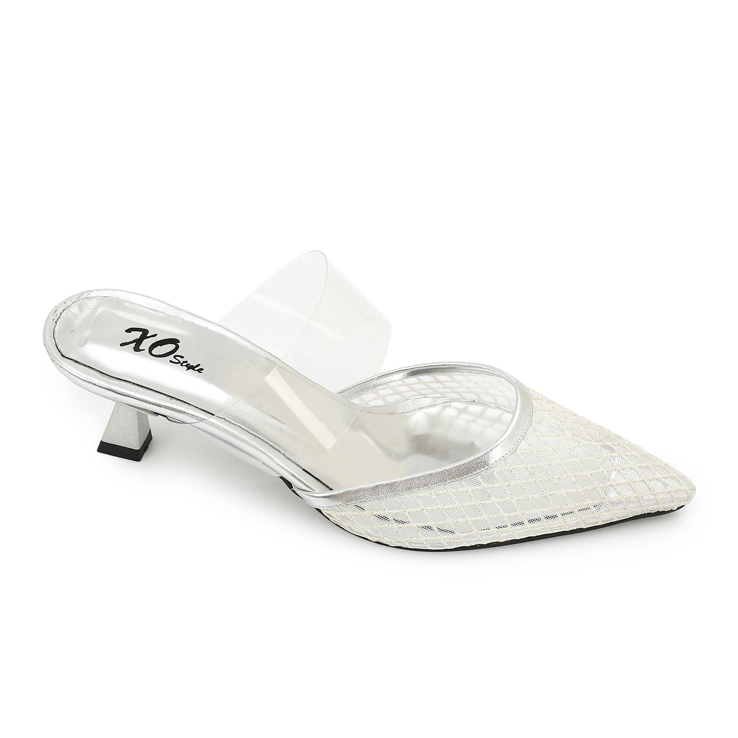 Leather Mesh Mule Pumps – Silver