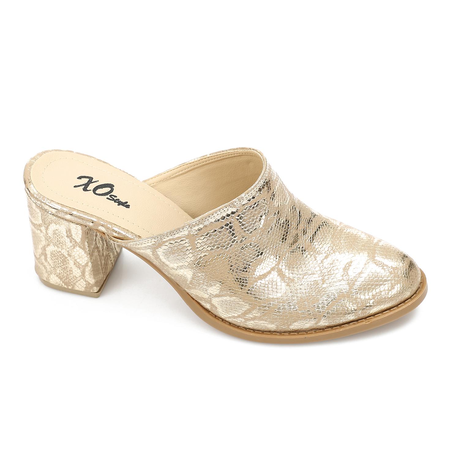 Leather Crocodile-Embossed Mule Heels – Gold