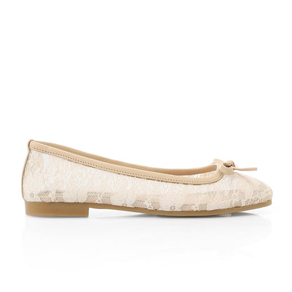 Leather & Lace Floral Ballet Flats – Beige