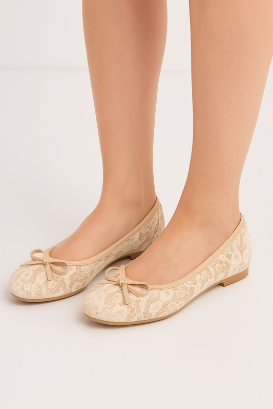 Leather & Lace Floral Ballet Flats – Beige