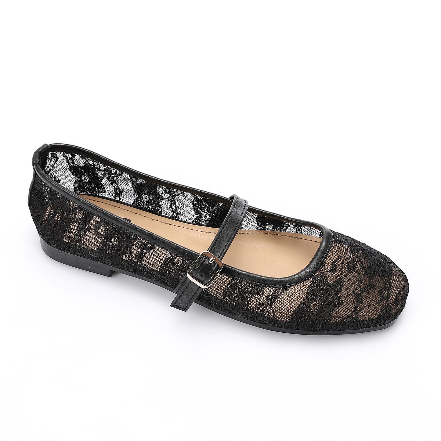 Leather & Lace Floral Ballet Flats – Black