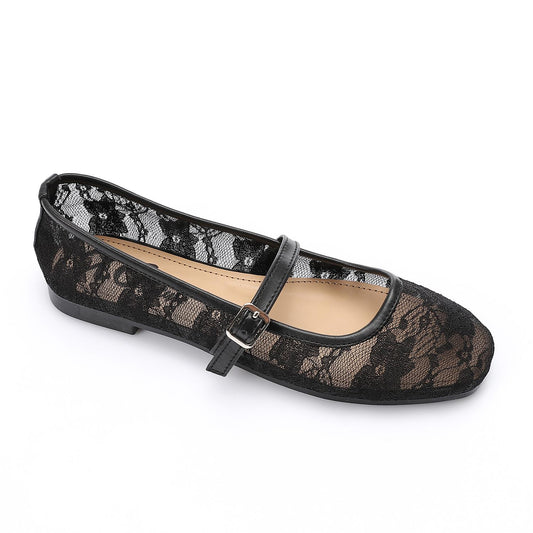 Leather & Lace Floral Ballet Flats – Black