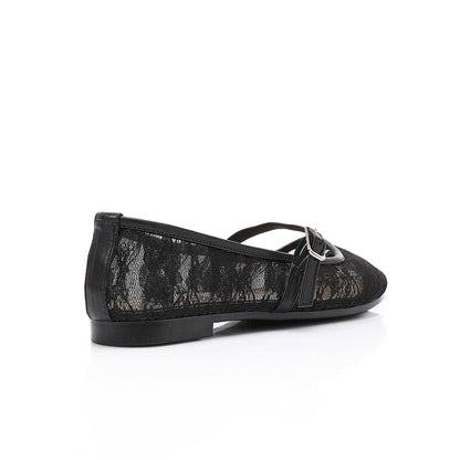 Leather & Lace Floral Ballet Flats – Black