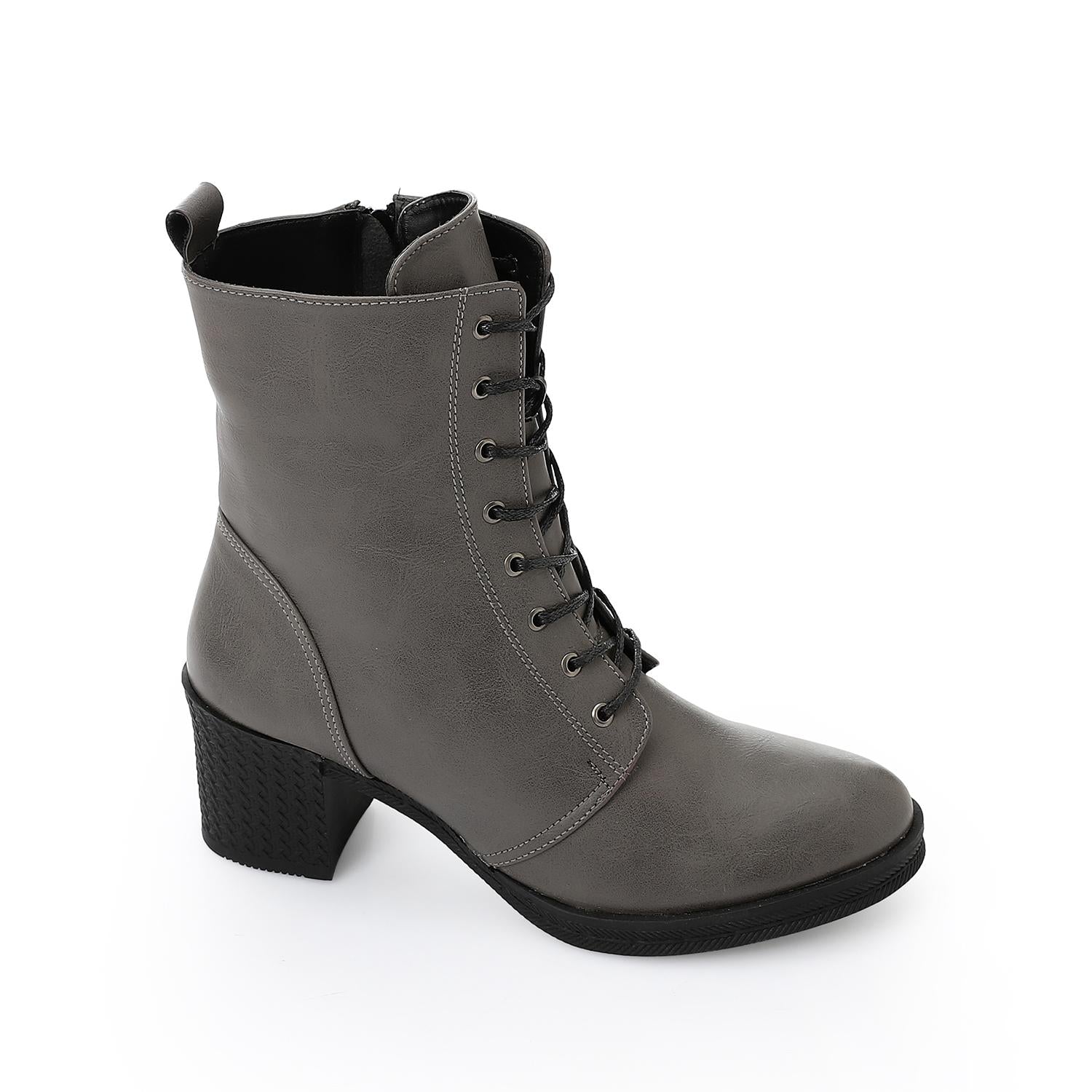 Leather Solid Lace-Up Ankle Boots – Grey
