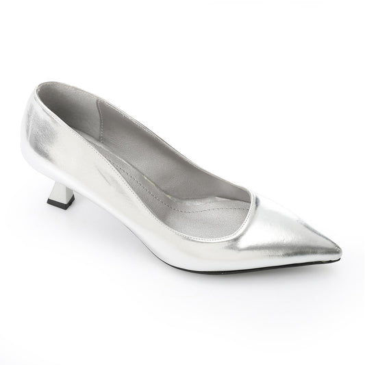 Leather Solid Pointed-Toe Pumps – Silver
