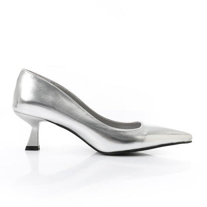 Leather Solid Pointed-Toe Pumps – Silver
