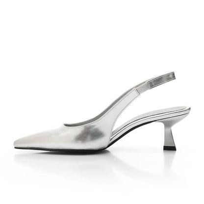 Leather Solid Slingback Pointed-Toe Pumps – Silver