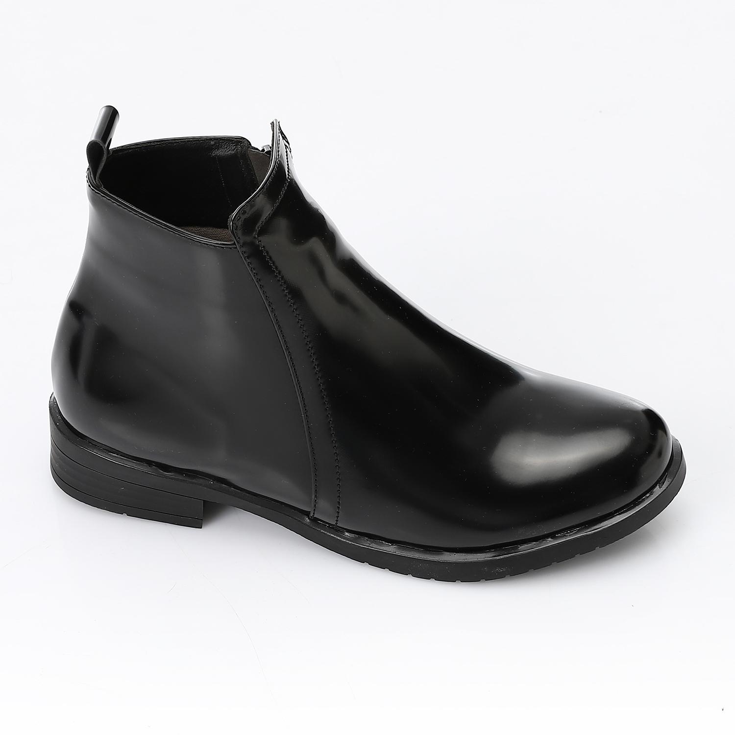 Patent Leather Plain Ankle Boots – Black