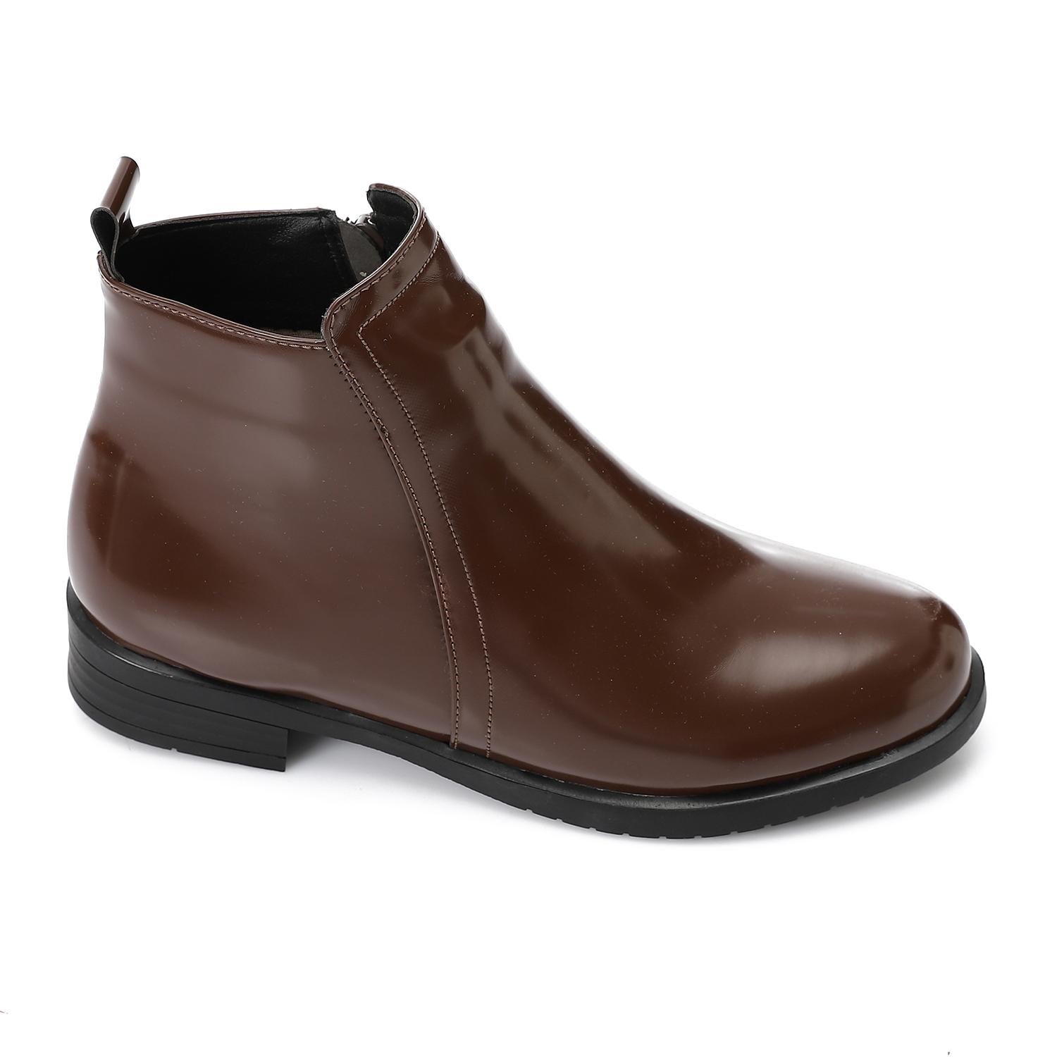 Patent Leather Plain Ankle Boots – Brown