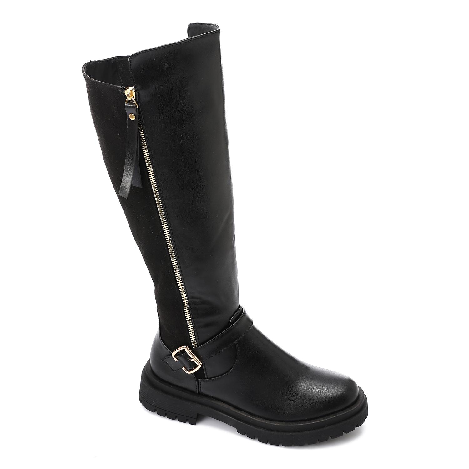 Buckle Detail Lug Sole Knee-High Boots – Black