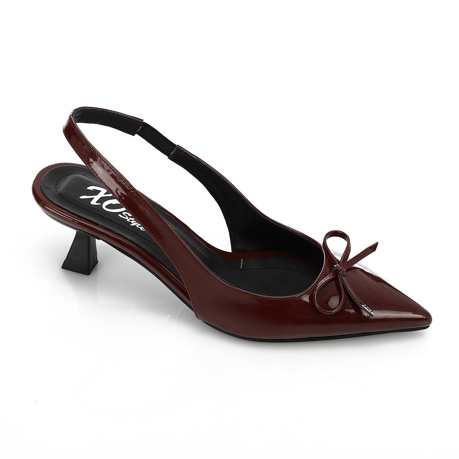 Pointed-Toe Slingback Kitten Heels - Burgundy - 1583
