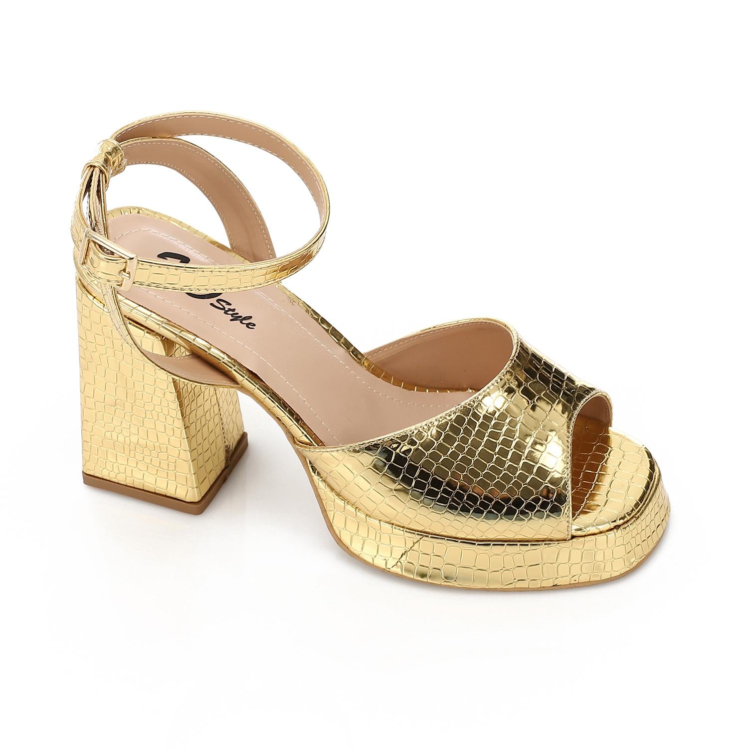 Metallic Croc Pattern Block Heel Sandals - Gold- 1604