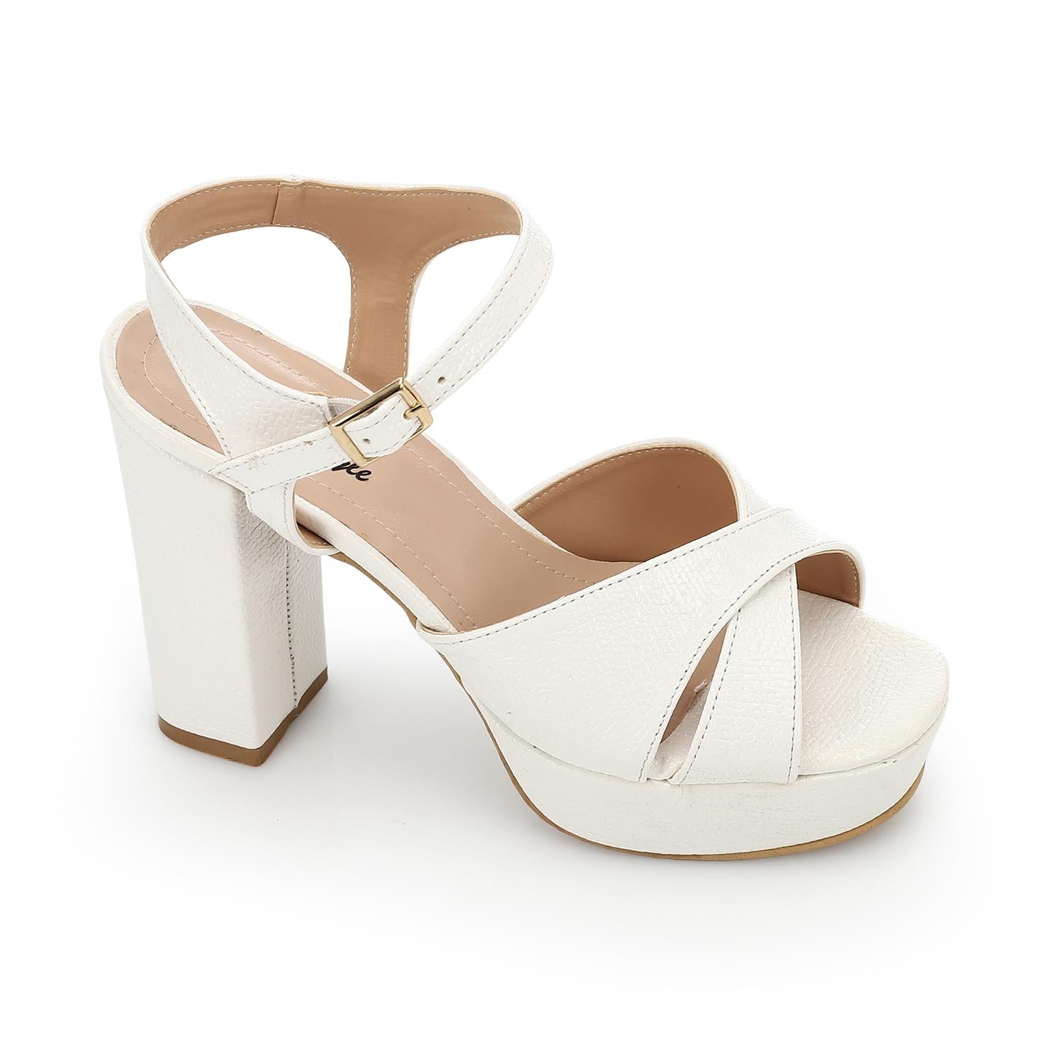 Metallic Croc Pattern Block Heel Sandals - White - 1610