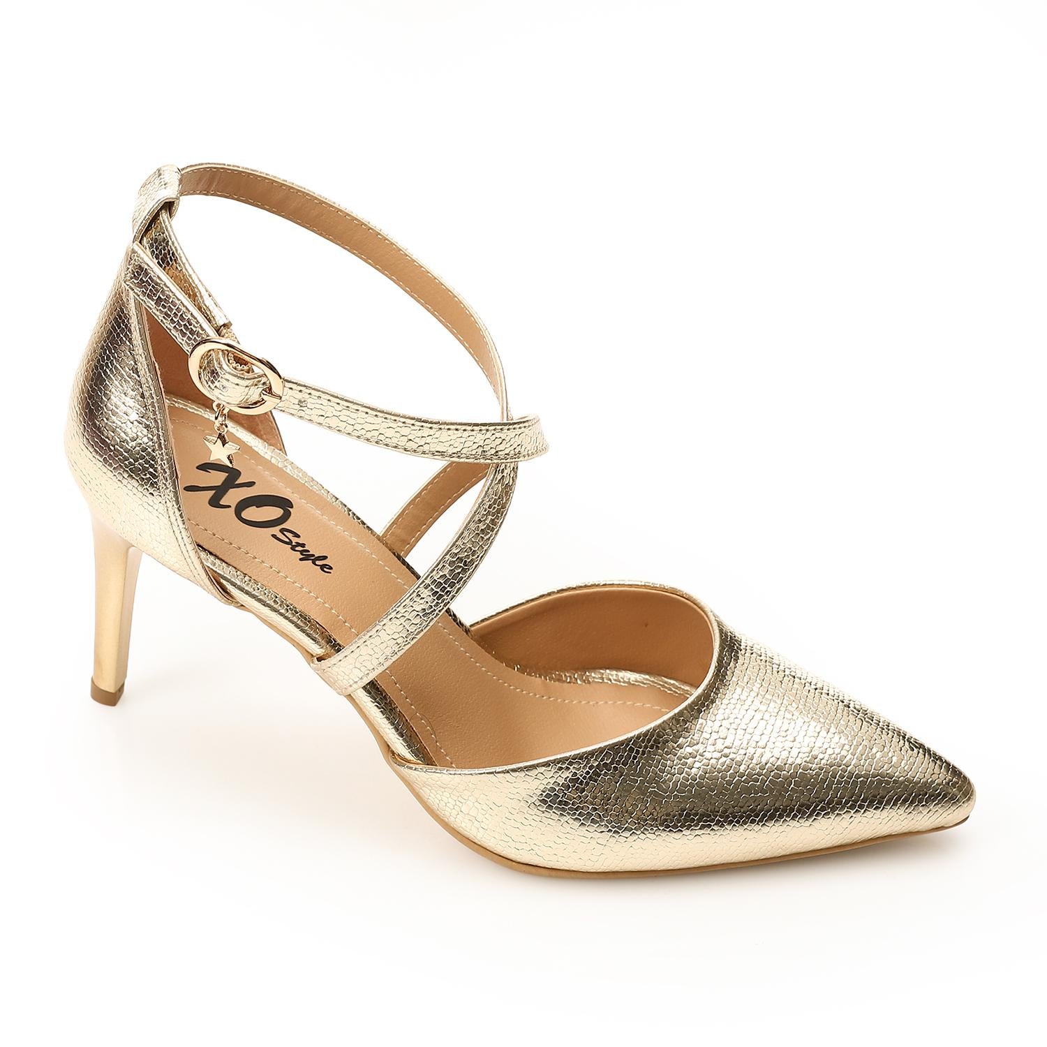 Textured Ankle Strap Pointed Heel Pumps - Gold- 1617