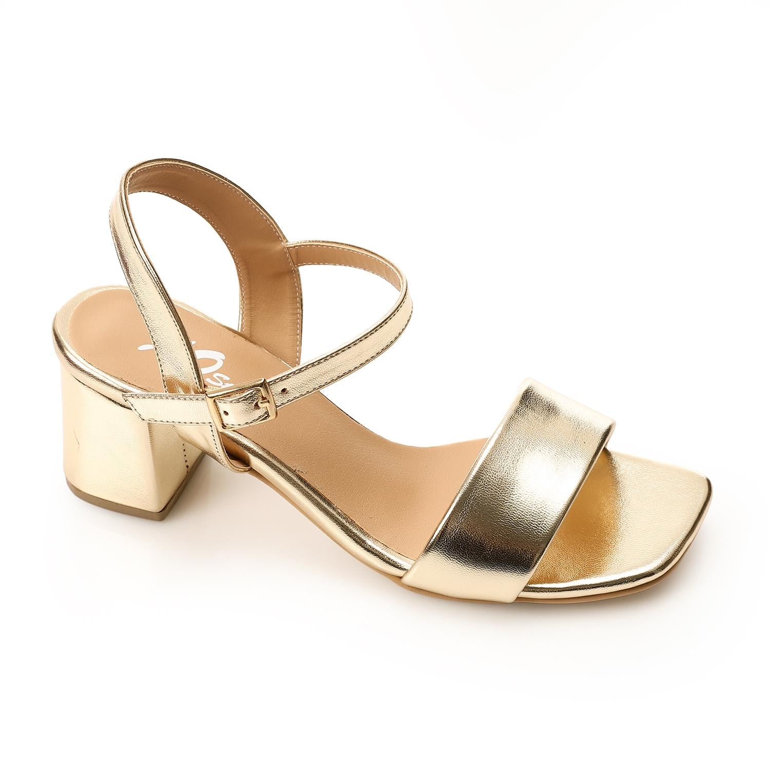 Classic Ankle Strap Block Heel Sandals - Gold - 1684