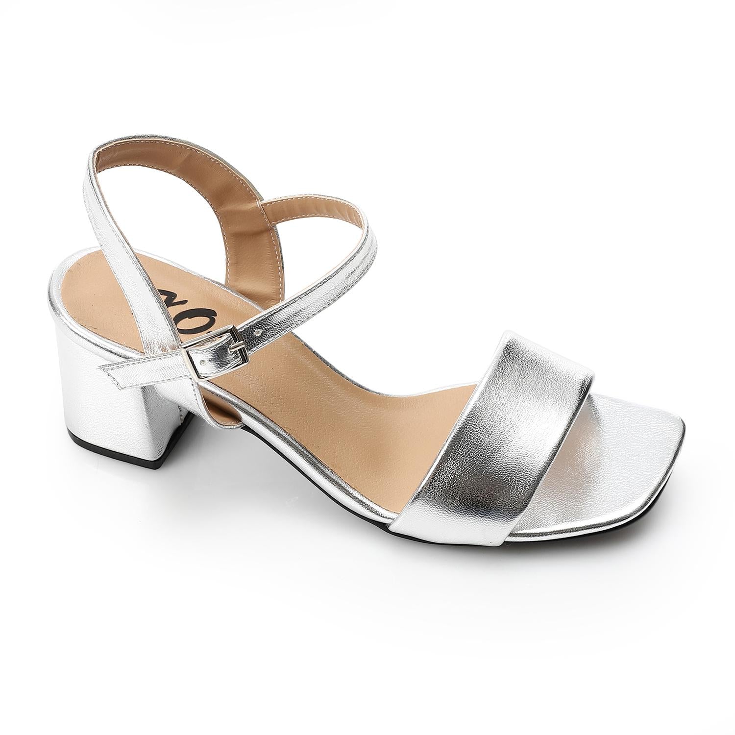 Classic Ankle Strap Block Heel Sandals - Silver - 1684
