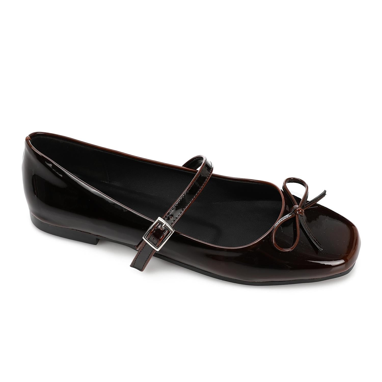 Glossy Bow Strap Ballet Flats - Brown - 1146