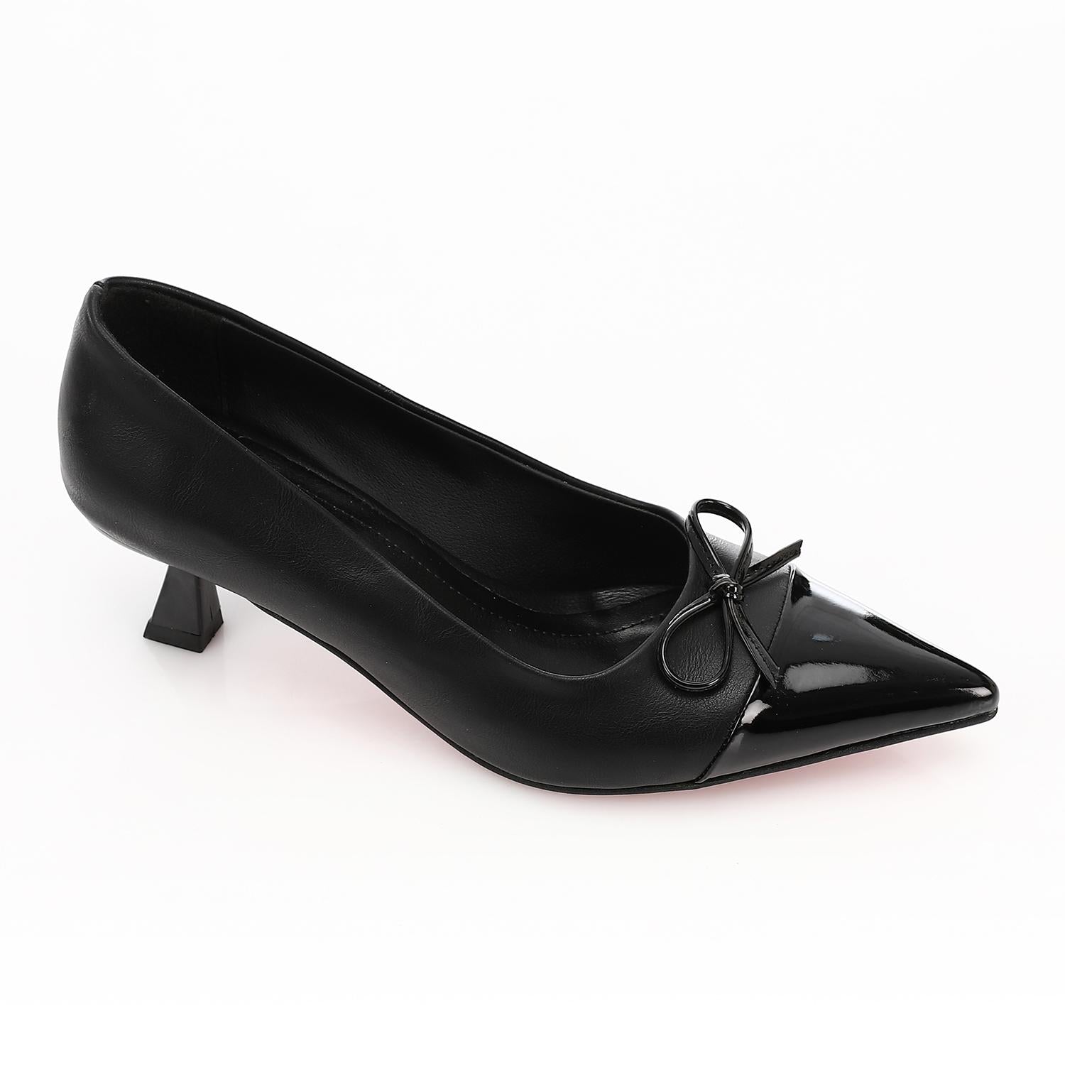 Bow Detail Pointed Kitten Heels - Black - 1620