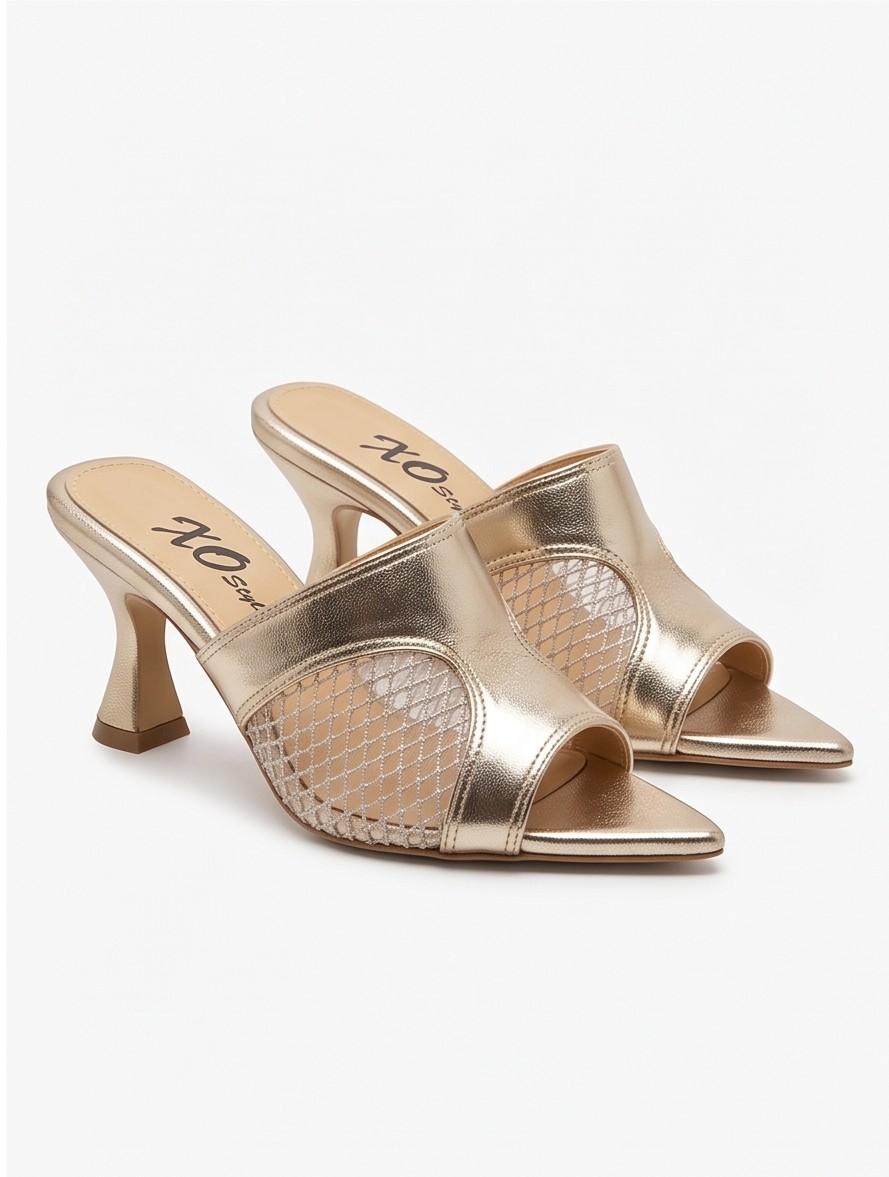Metallic Mesh Panel Mule Sandals – Gold