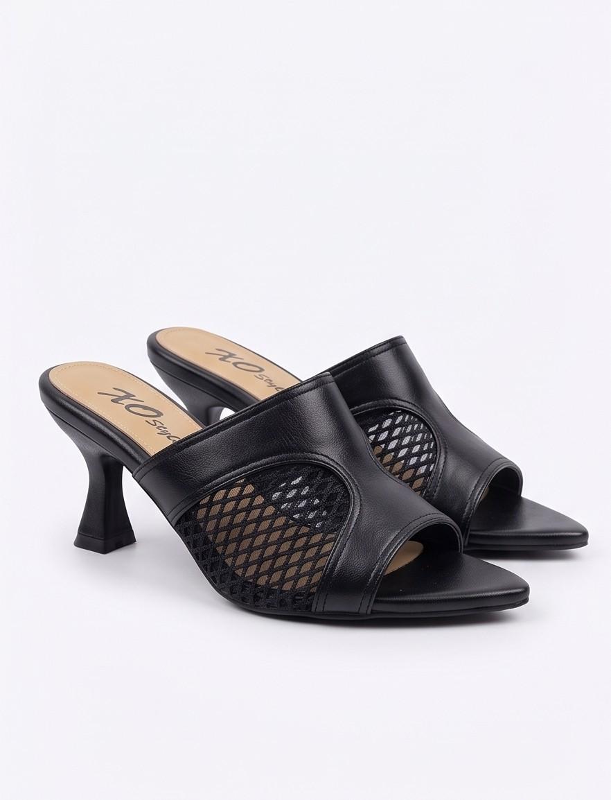 Mesh Panel Flared Heel Mule Sandals – Black