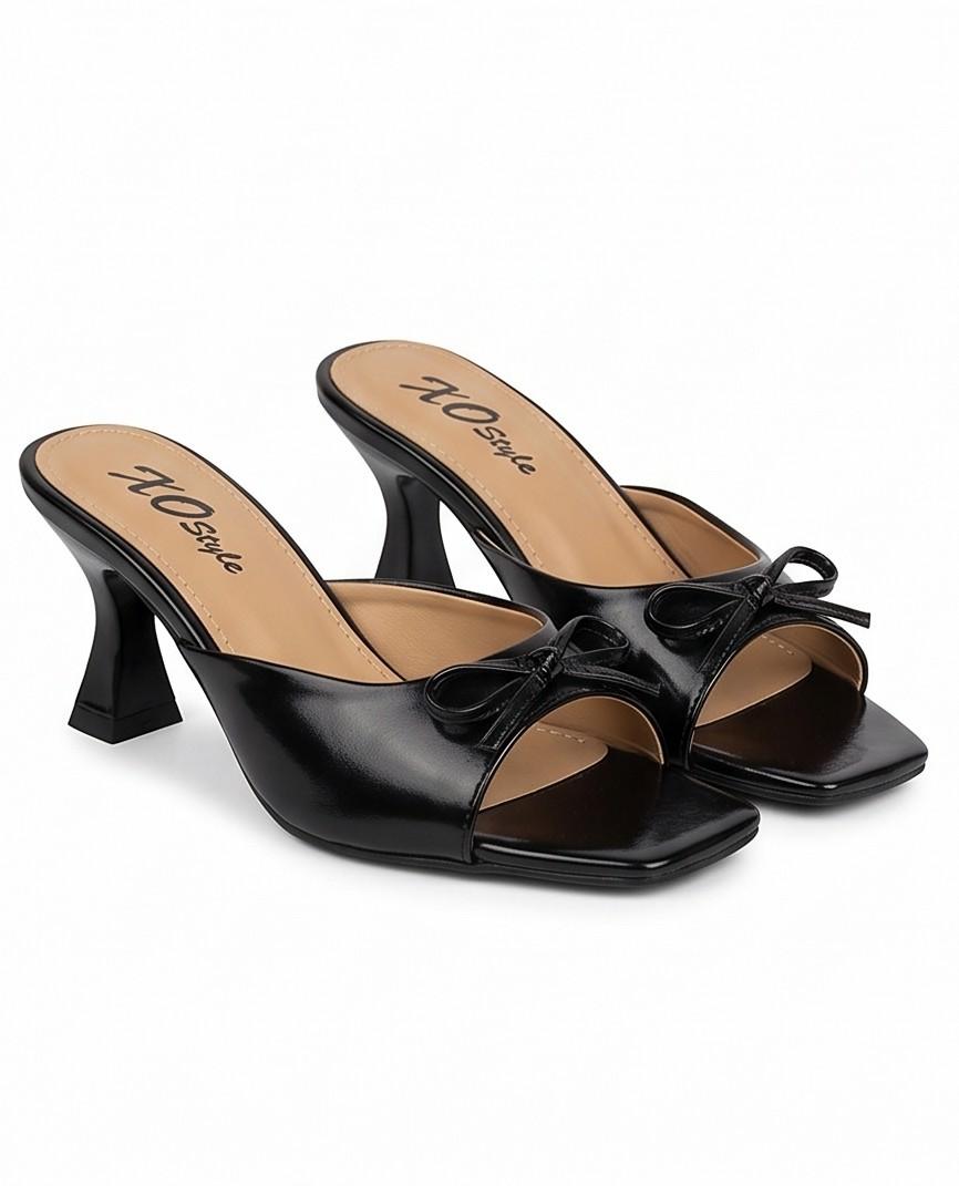 Bow Detail Flared Heel Mule Sandals – Black