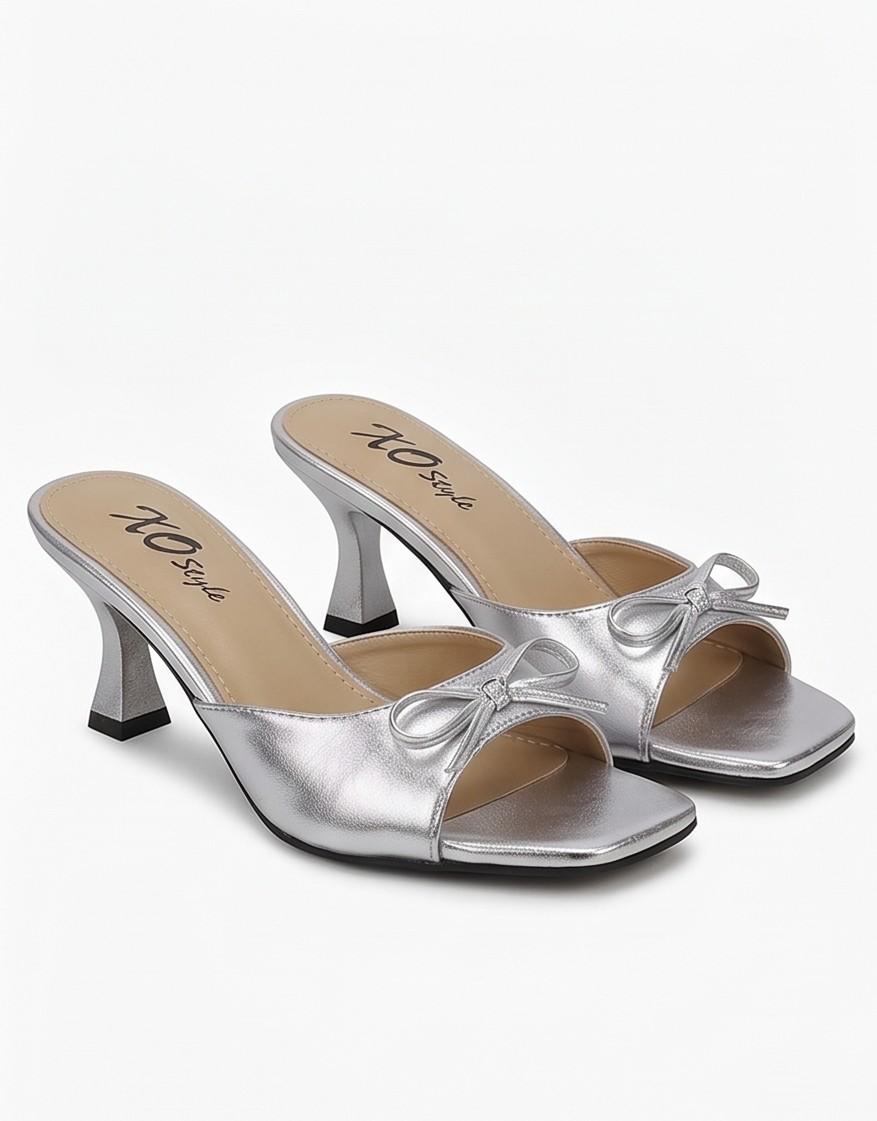 Metallic Bow Detail Mule Sandals – Silver