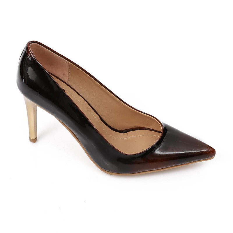 Glossy Finish 9cm Gold Heel Pumps – Brown