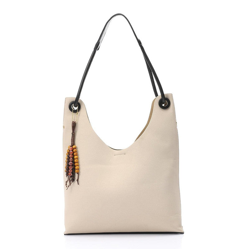 Minimalist Beaded Charm Hobo Shoulder Bag – Beige