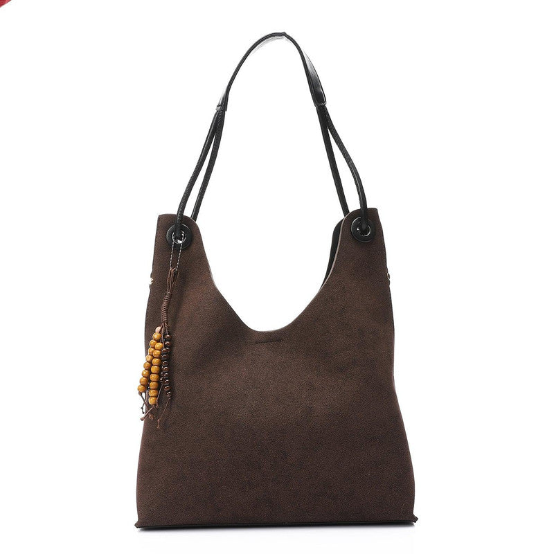 Minimalist Beaded Charm Hobo Shoulder Bag – Brown