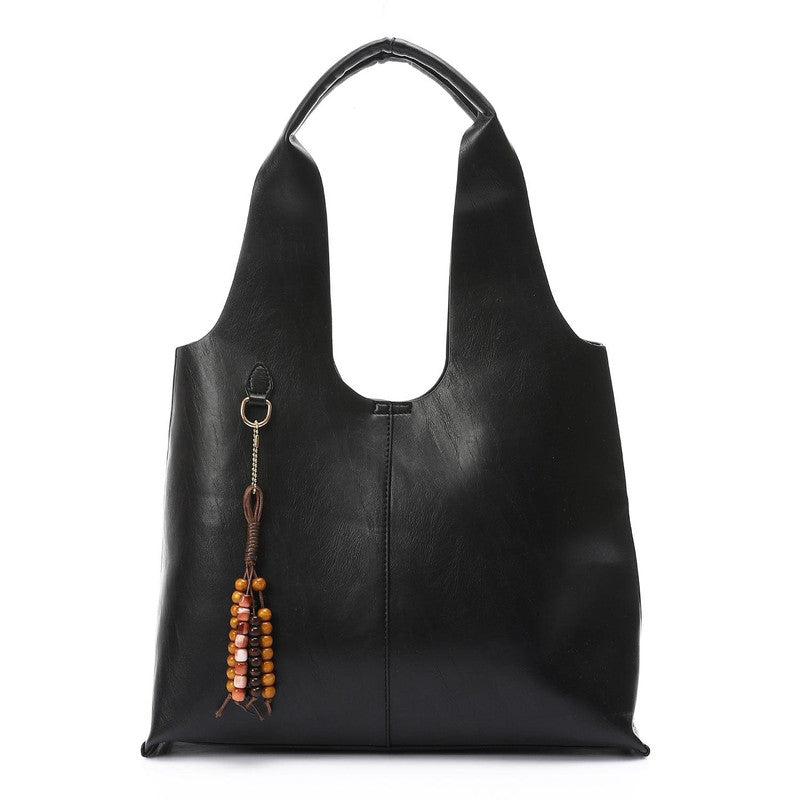 Minimal Beaded Accent Hobo Bag – Black