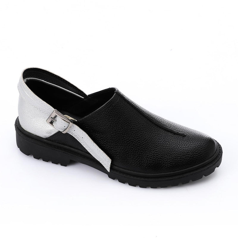 Two-Tone Buckle Strap Loafers – Silver & Black