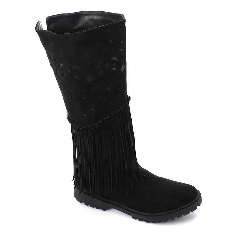 Western Fringe Mid-Calf Boots – Black
