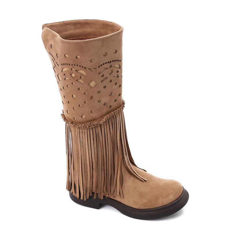 Western Fringe Mid-Calf Boots – Café