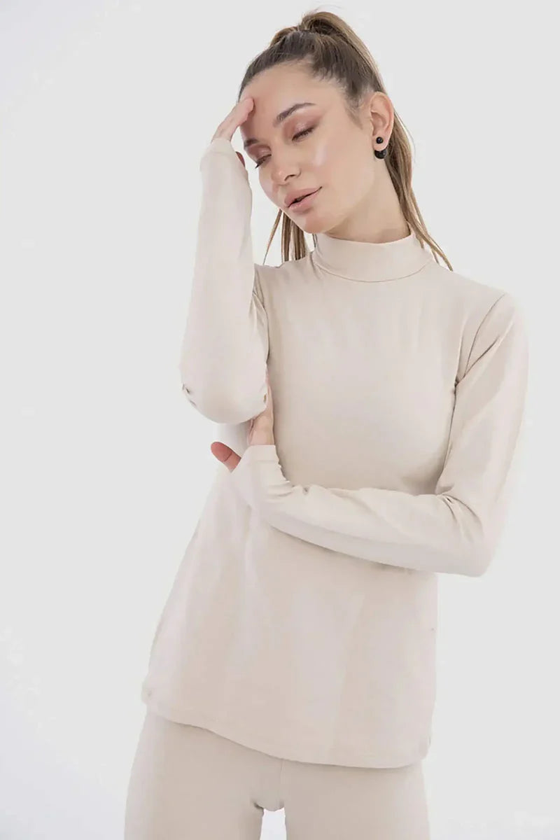 High Neck Slim Fit Top - Beige