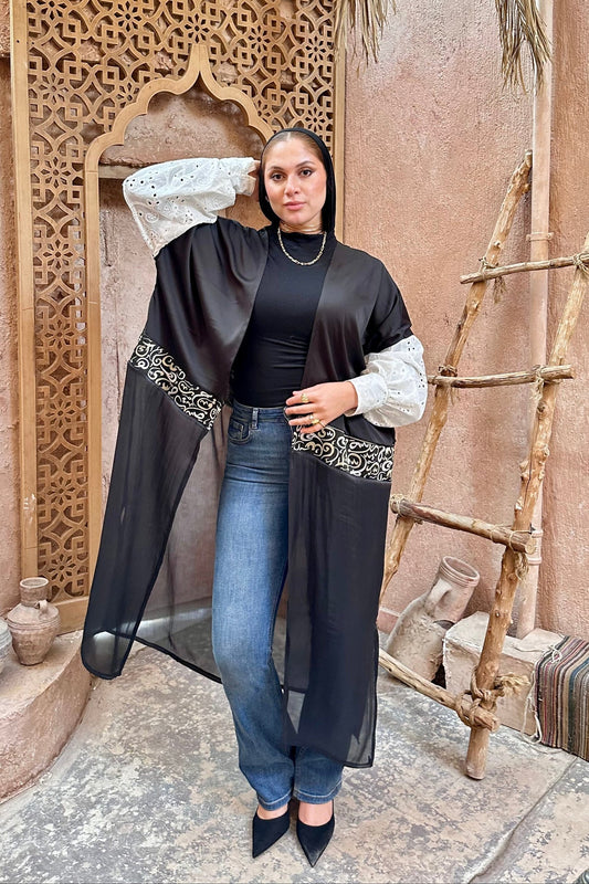 Silk–Organza Arabic Motif Kaftan – Black