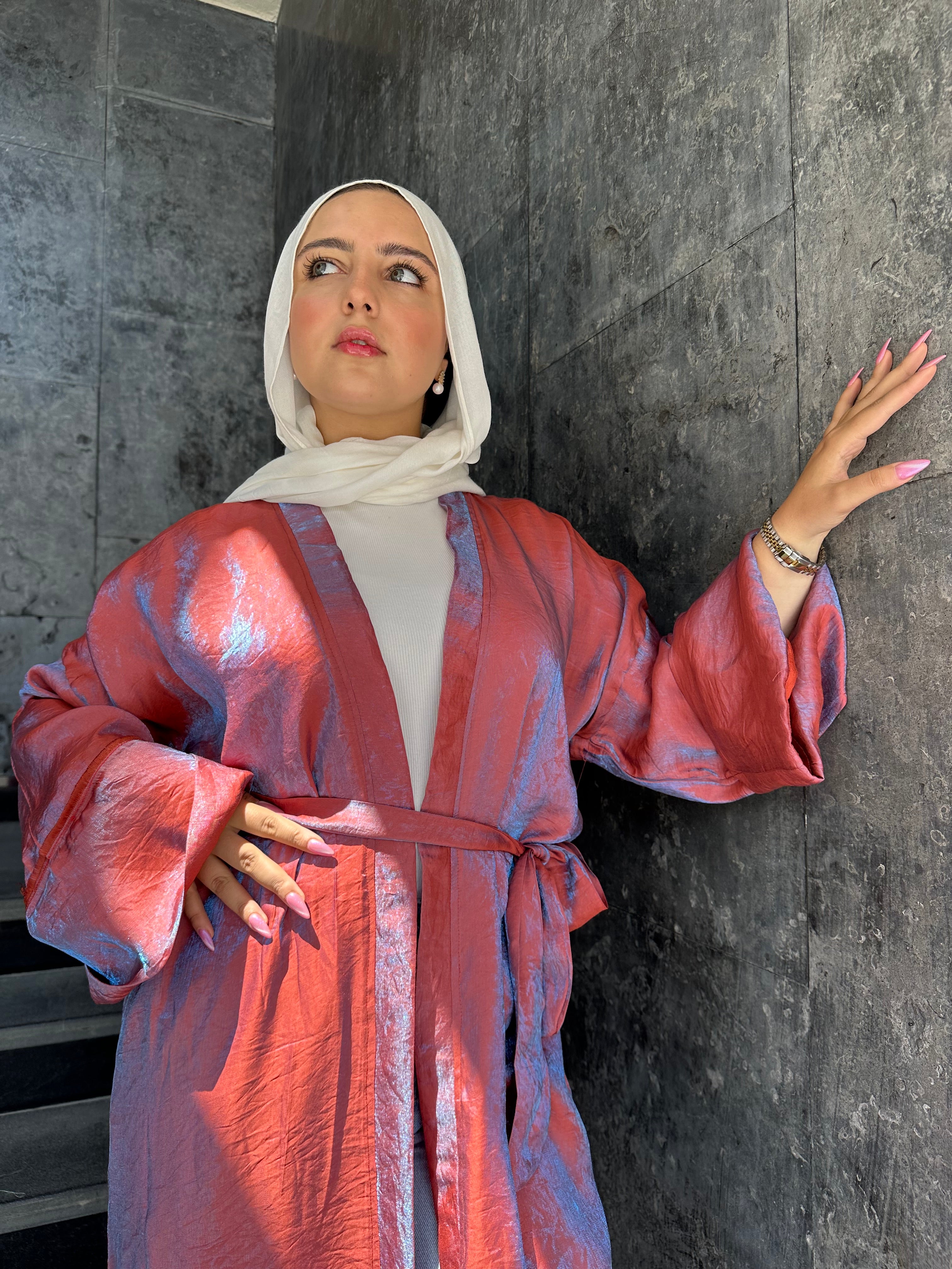 Metallic Satin Plain Kaftan – Coral