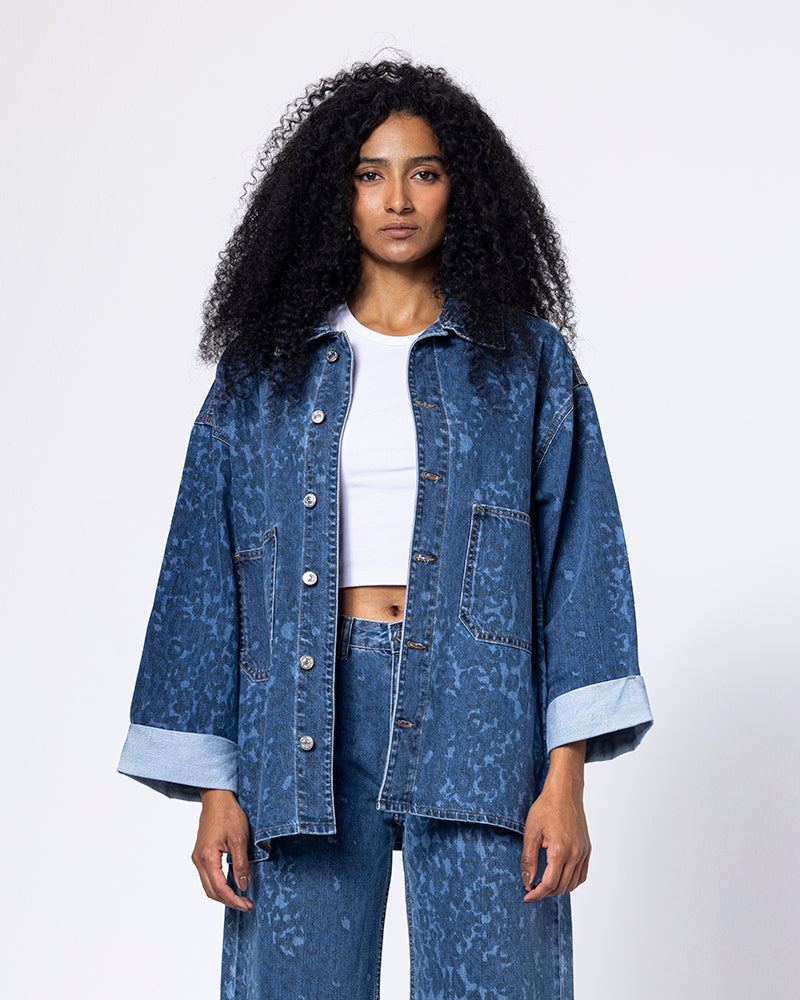 Denim Leopard Print Oversized Jacket