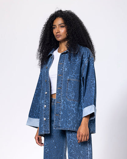 Denim Leopard Print Oversized Jacket