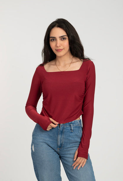 Cotton Square Neck Long Sleeve Top
