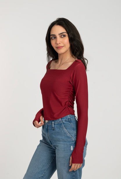 Cotton Square Neck Long Sleeve Top