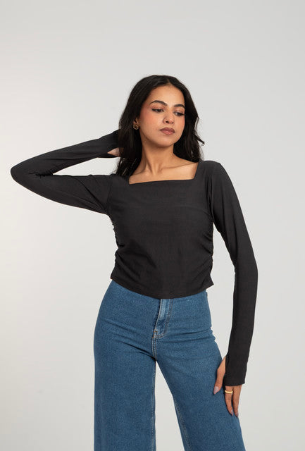 Cotton Square Neck Long Sleeve Top