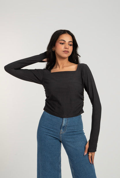 Cotton Square Neck Long Sleeve Top