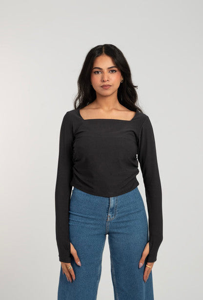 Cotton Square Neck Long Sleeve Top