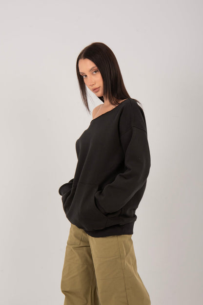 Cotton Blend Solid Oversized Off-Shoulder Sweatshirt – Black