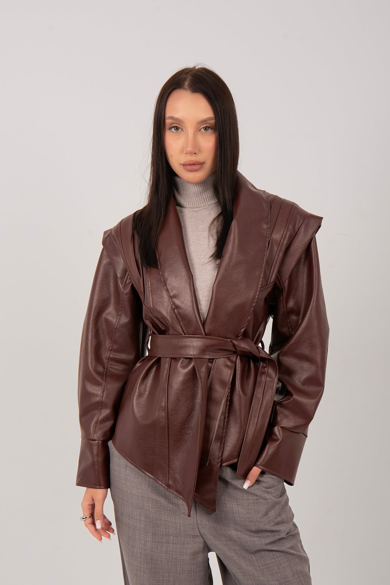 Faux Leather Wrap Jacket