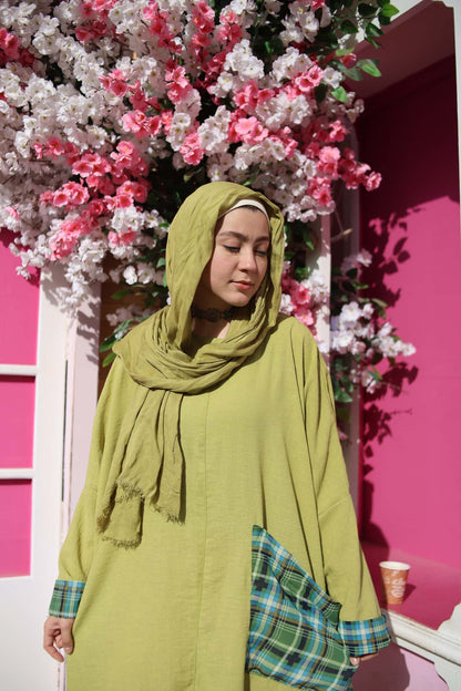 Cotton-Linen Plain Dress - Green