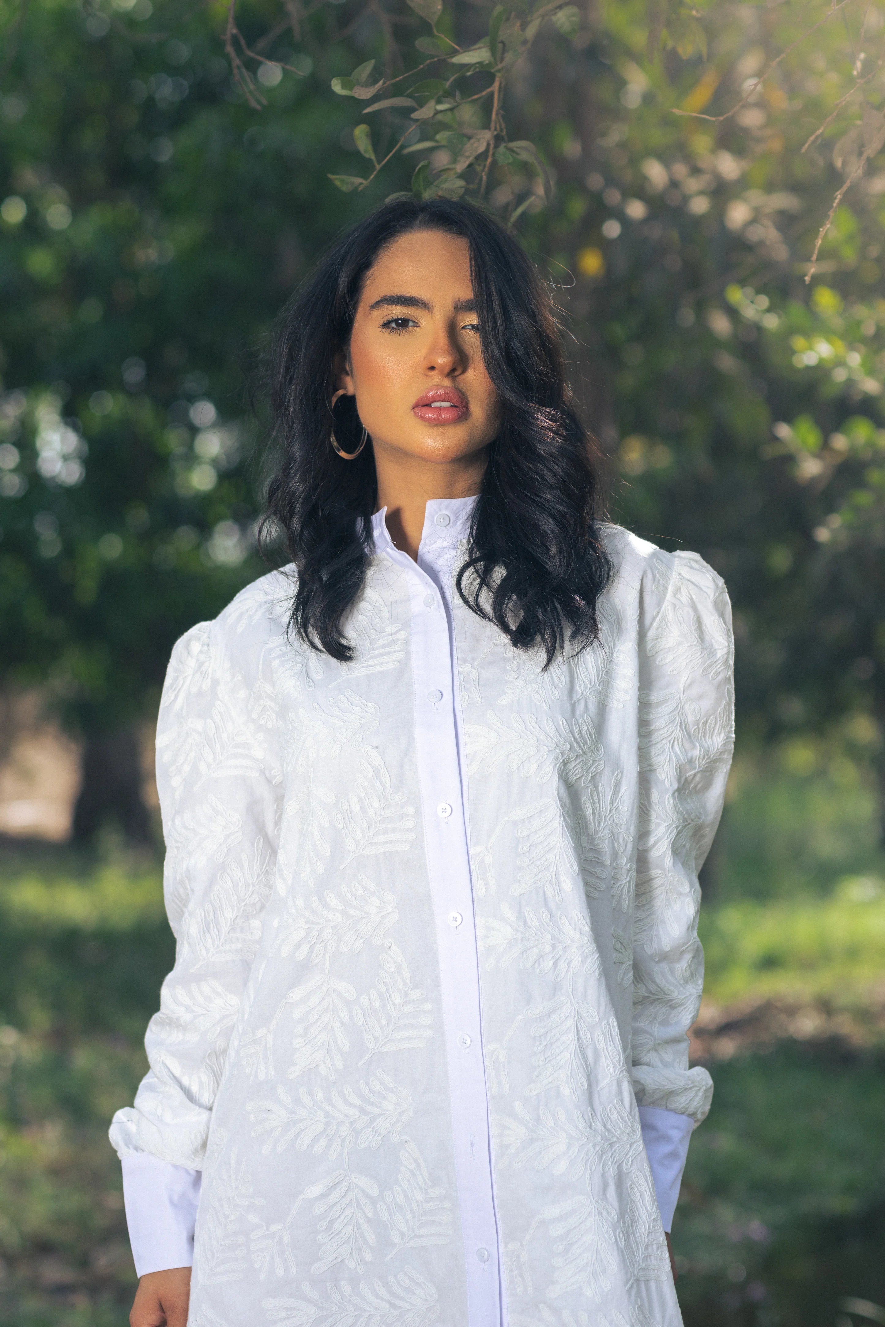 Linen Embroidered Shirtdress – White