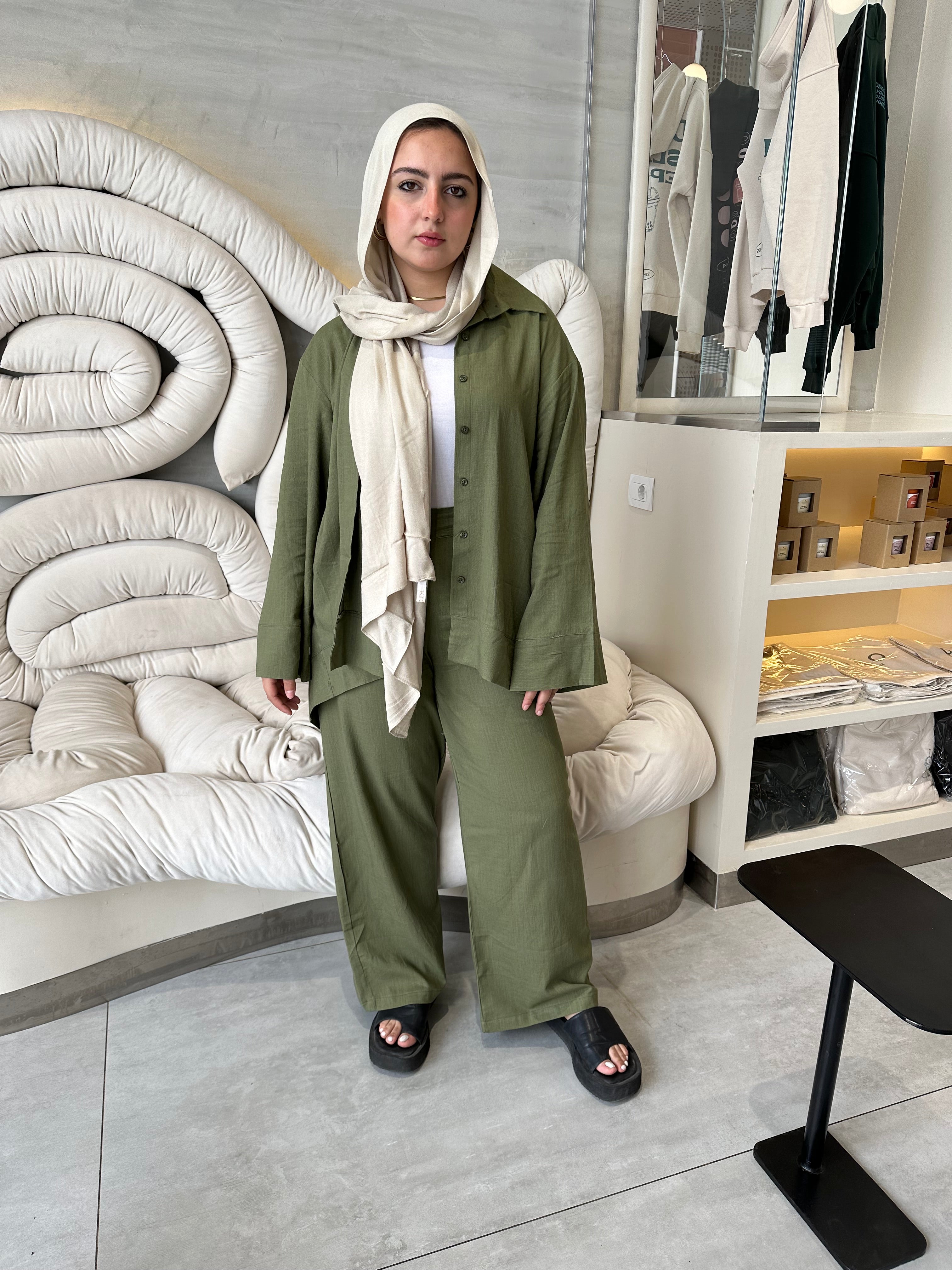 Linen Plain Pants – Olive